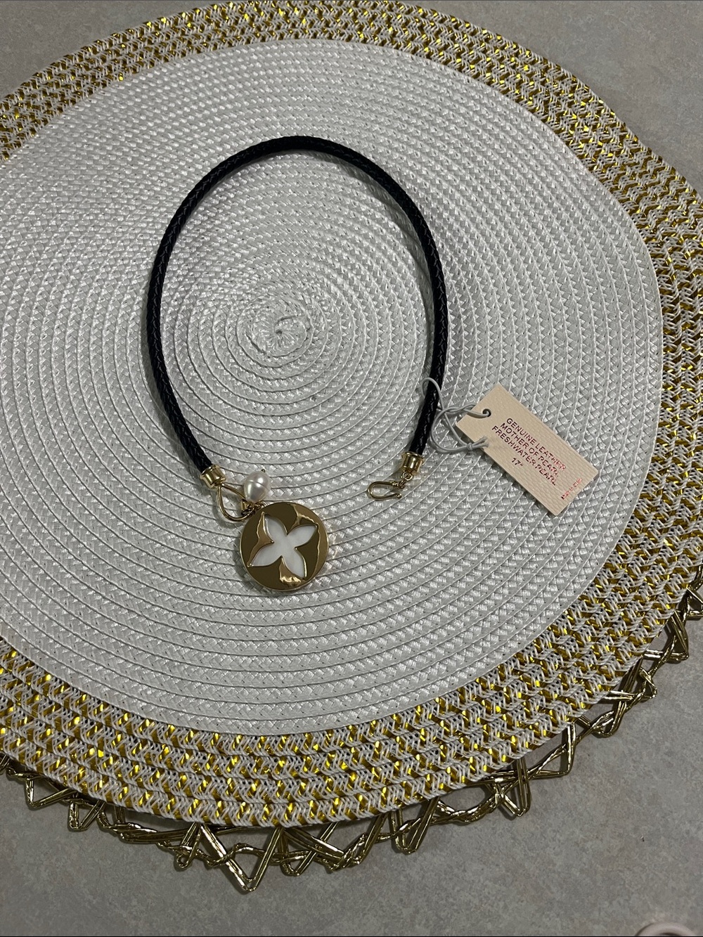 Gold and White in Color Flower Pendant Necklace on Black Cord